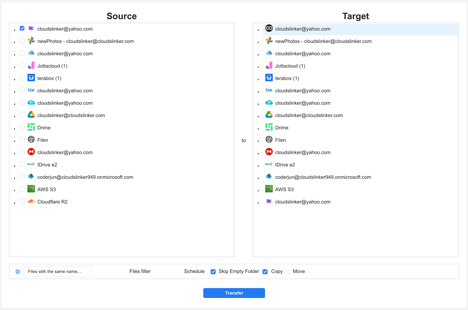 CloudsLinker transfer setup with Proton Drive media folders selected as source, a Degoo Bulk Archive folder as destination, and a file type filter limiting the job to video and image files