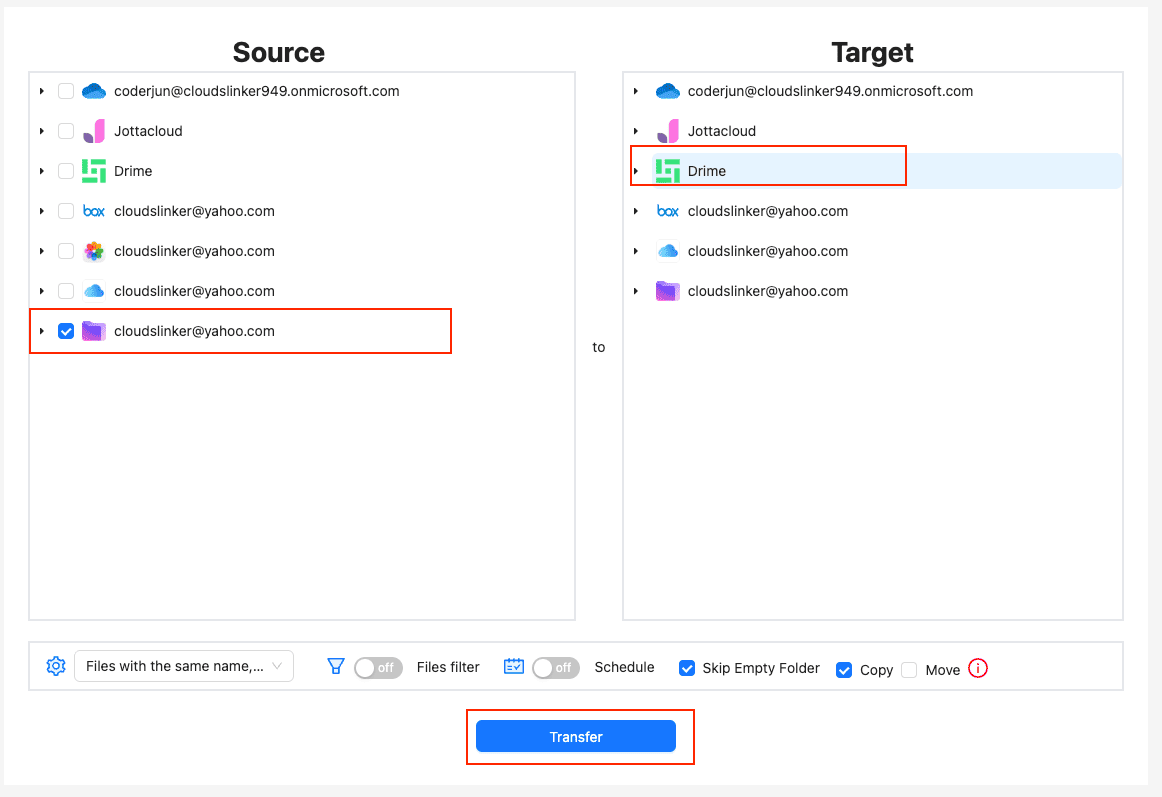 Configure Proton Drive to Drime transfer in CloudsLinker