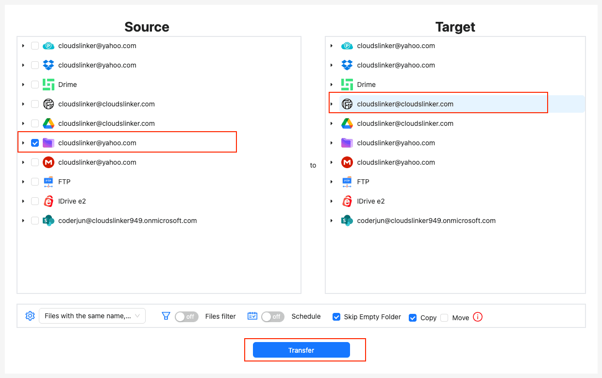 Proton Drive to Filen transfer task in CloudsLinker