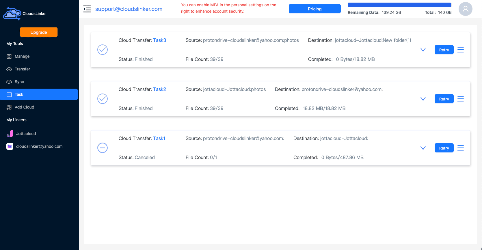 Initiating file transfer in CloudsLinker