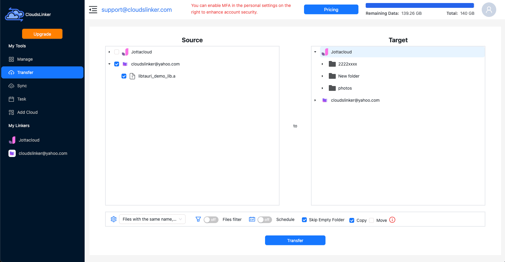Configuring Proton to Jottacloud transfer in CloudsLinker