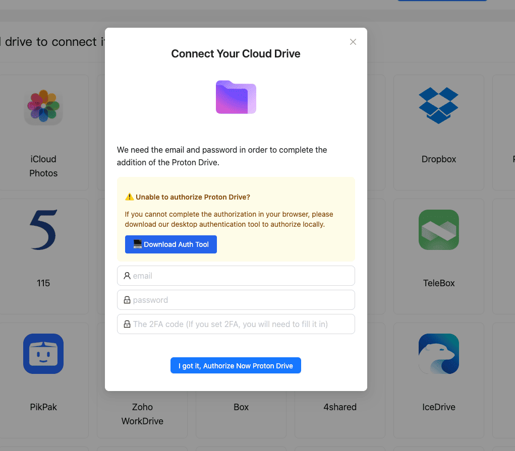 CloudsLinker Add Cloud dialog for Proton Drive with email, password and two-factor code fields
