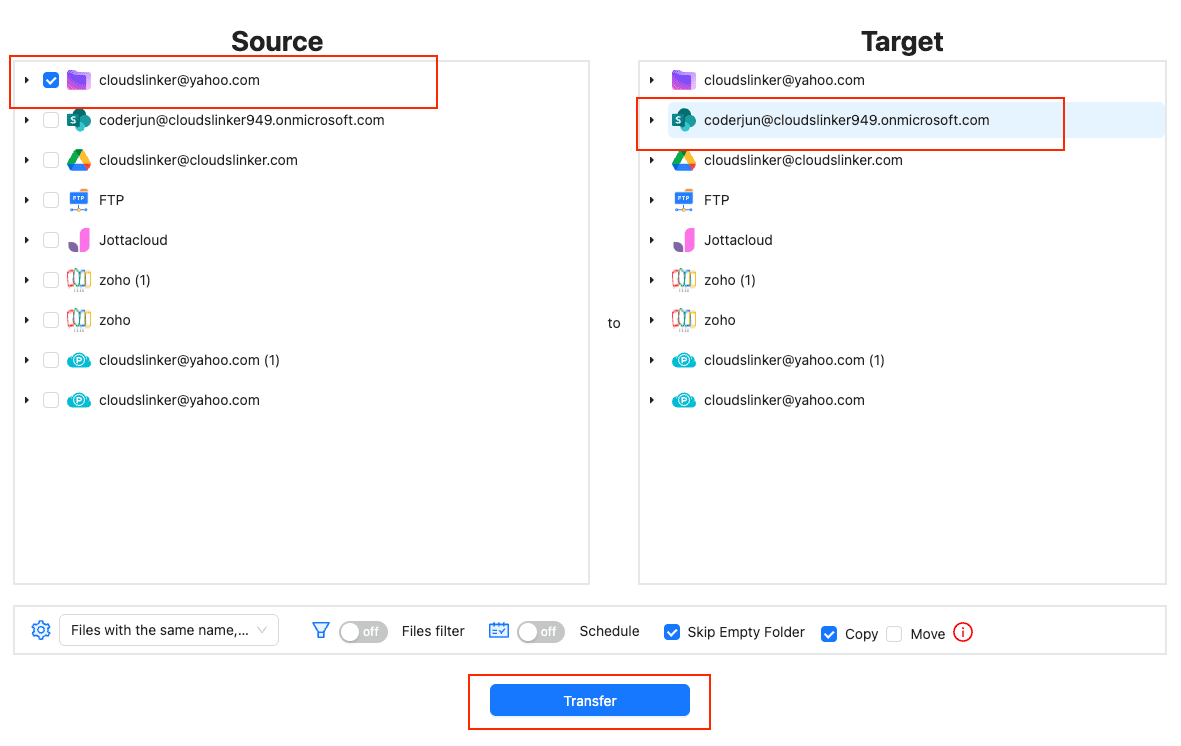 Select Proton Drive as source and SharePoint as destination