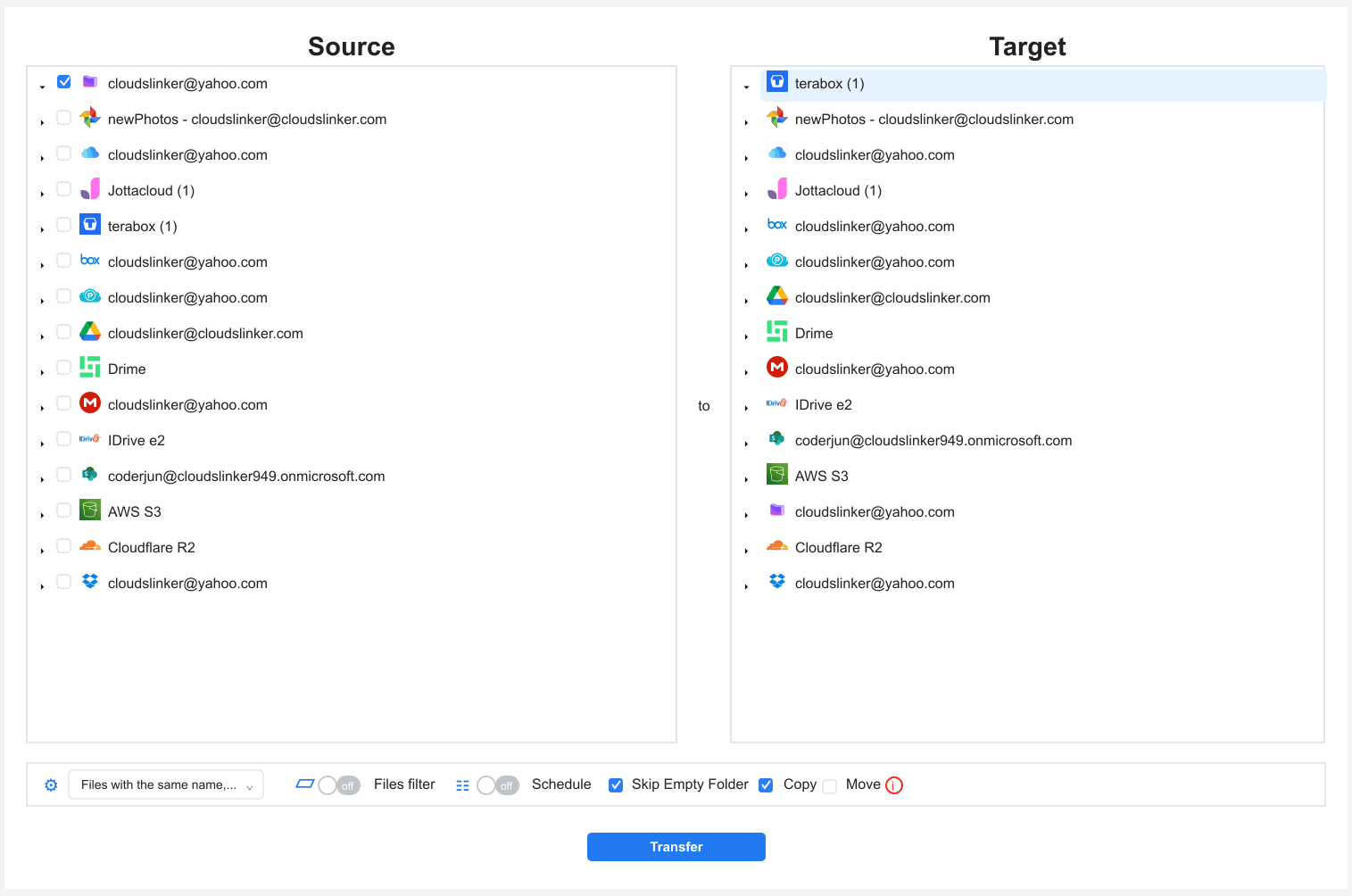 Configure Proton Drive to TeraBox transfer in CloudsLinker