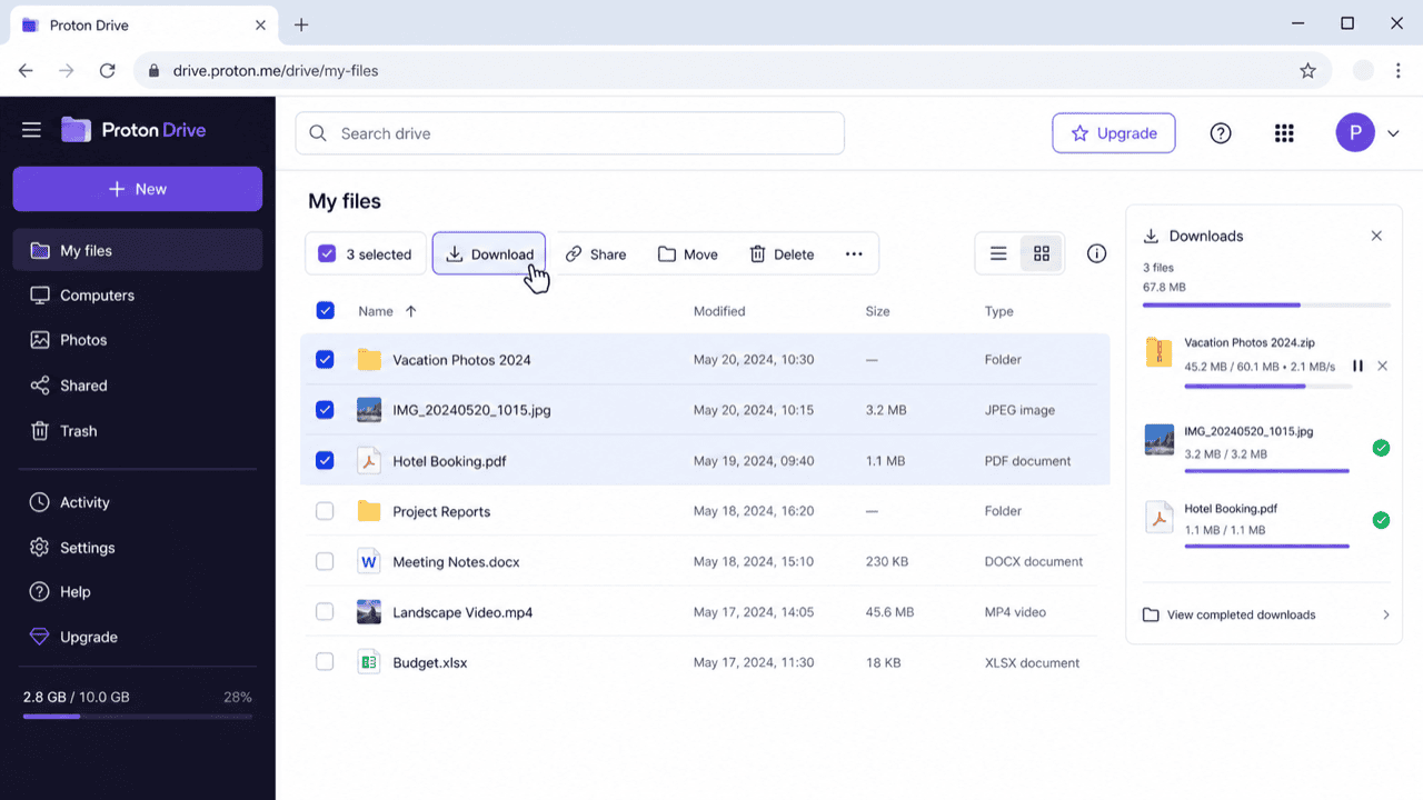 Download files from the Proton Drive web interface