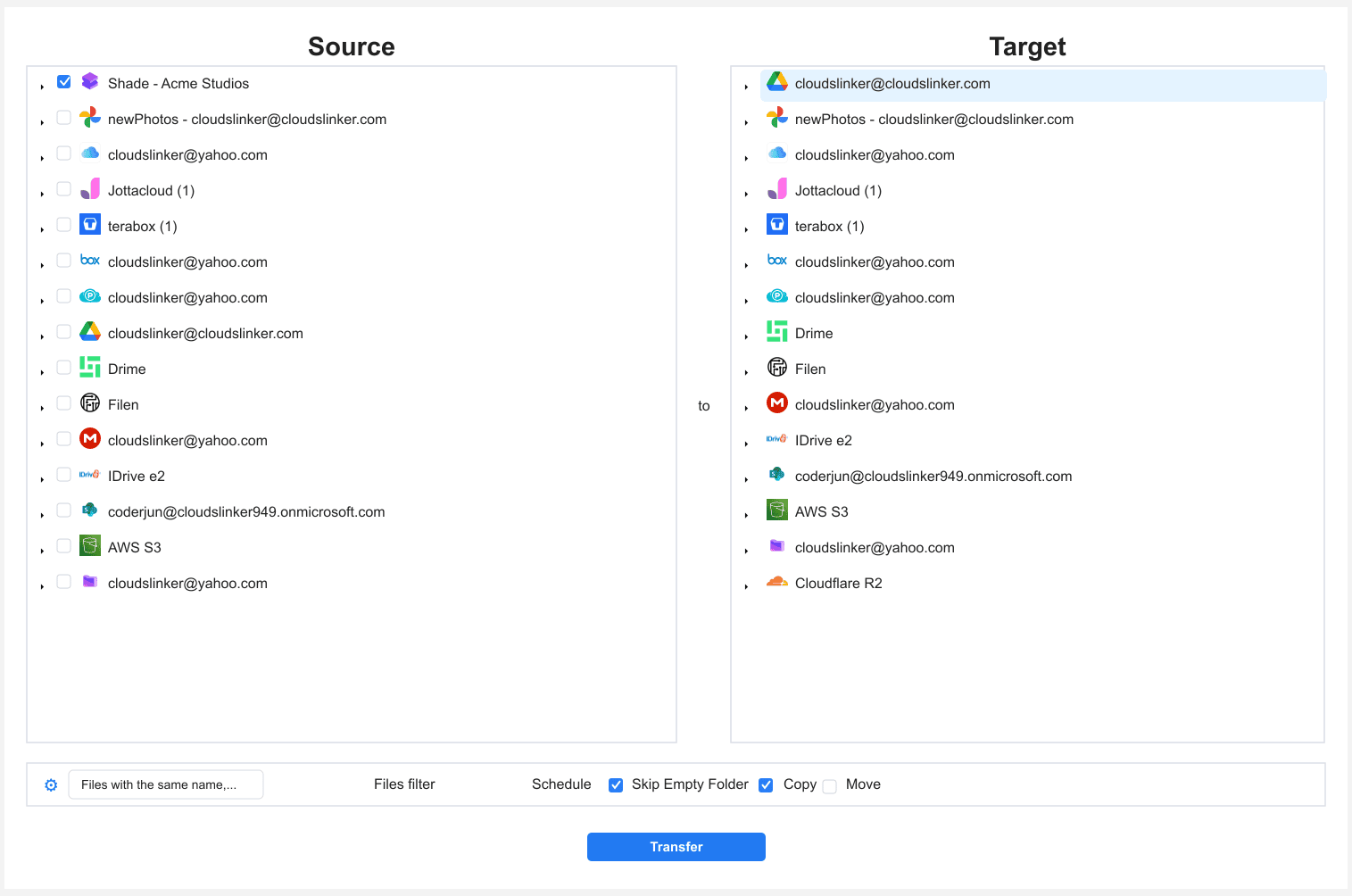 CloudsLinker transfer configuration with a Shade drive Finals folder checked as source and a Google Drive delivery folder selected as destination
