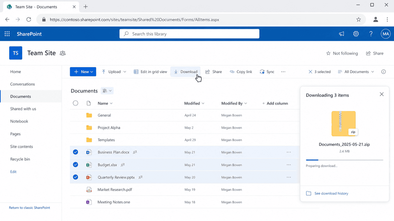 Download files from a SharePoint document library
