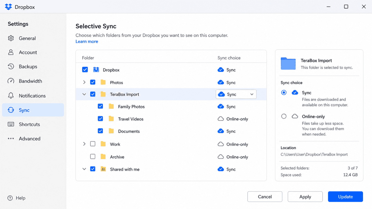 Dropbox desktop client selective sync settings