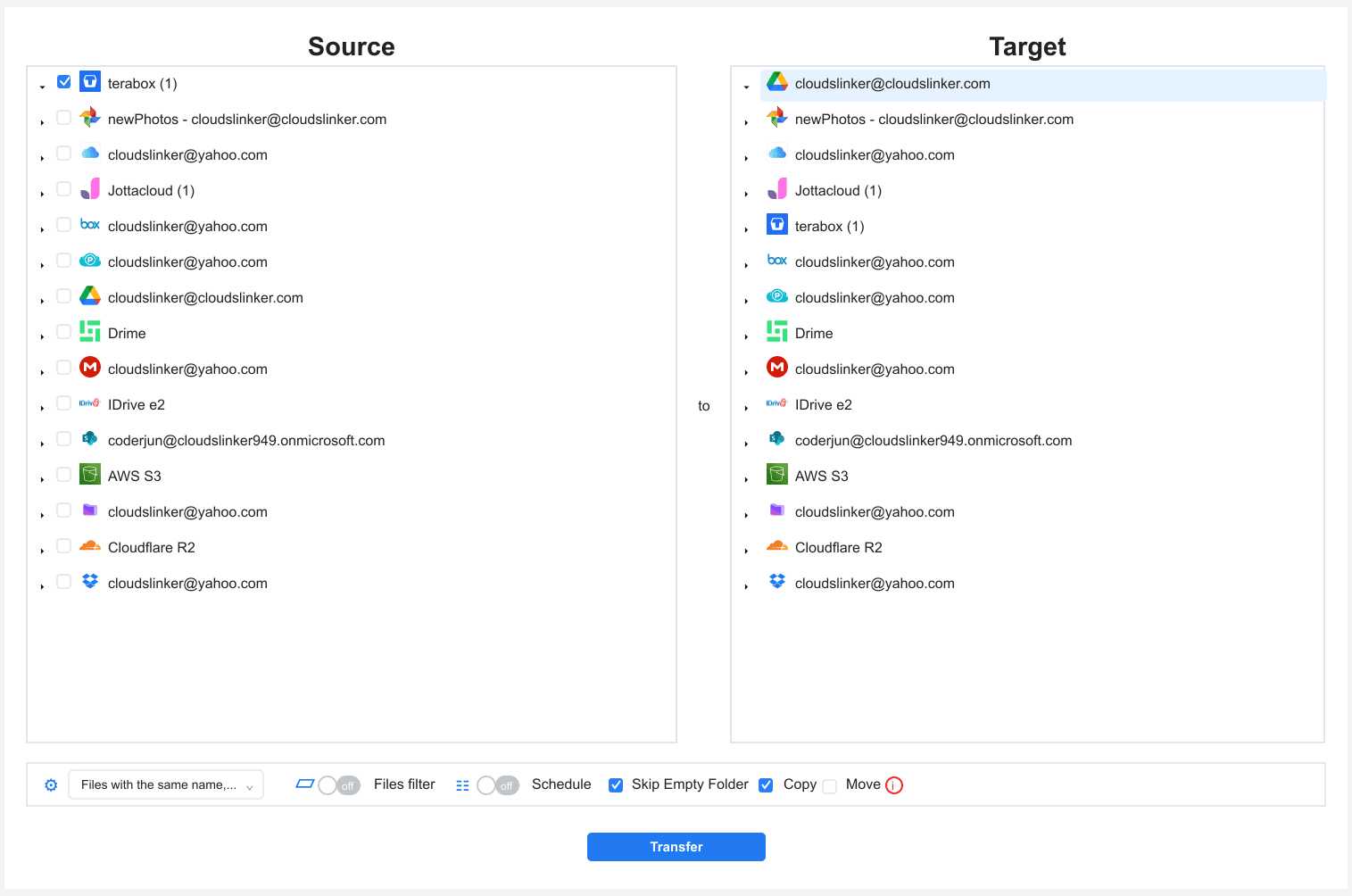 Configure TeraBox to Google Drive transfer in CloudsLinker