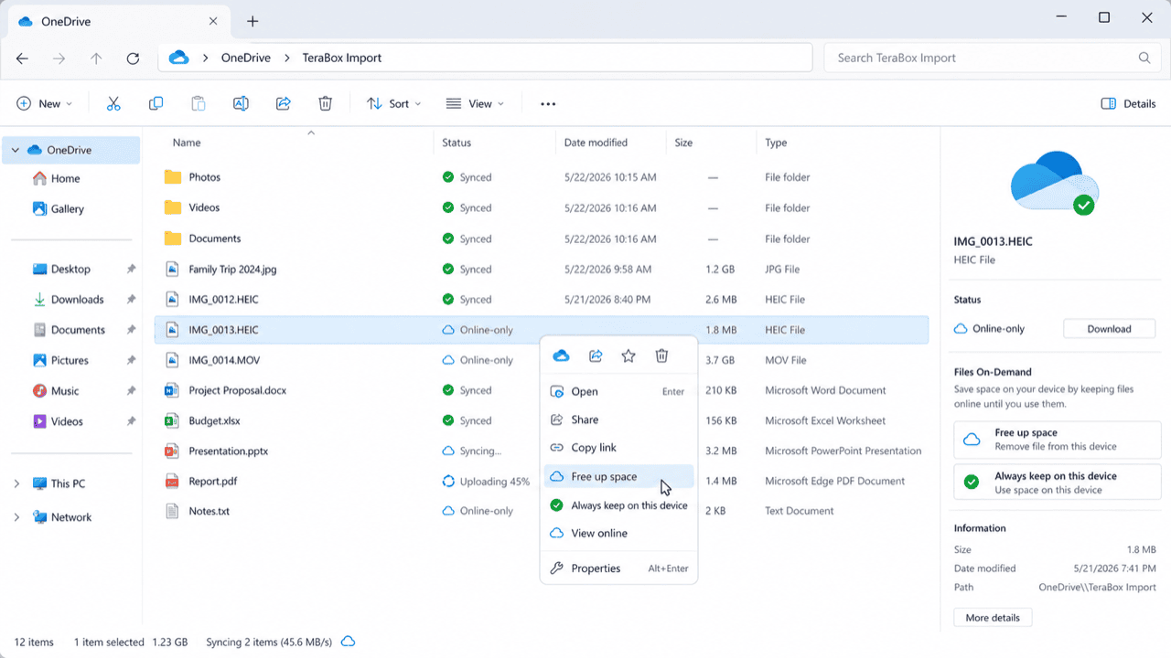OneDrive sync status and Free up space option in File Explorer