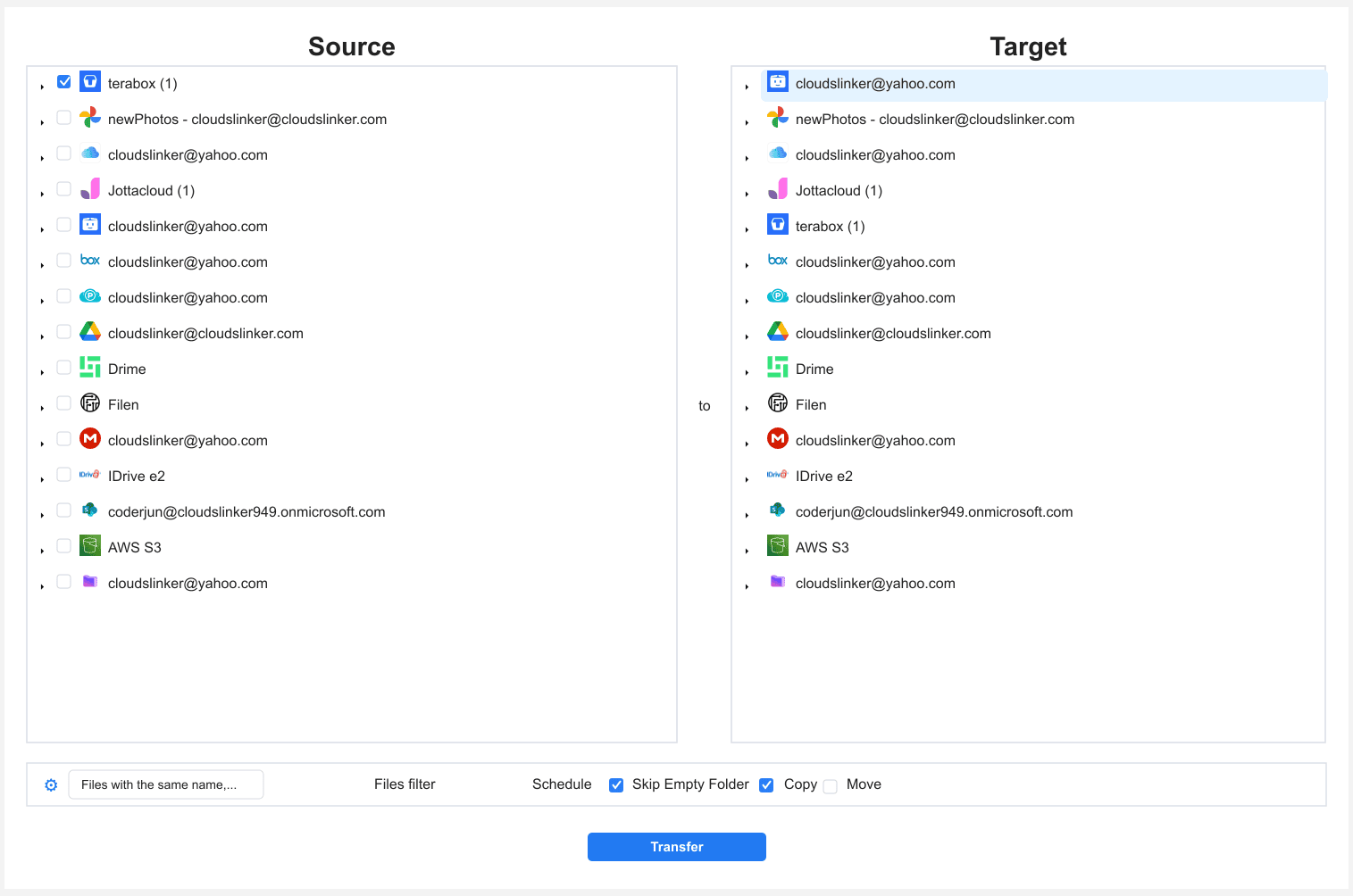 CloudsLinker transfer setup screen with the TeraBox account checked as the source in the left panel, the PikPak account highlighted as the destination in the right panel, and Copy mode selected below