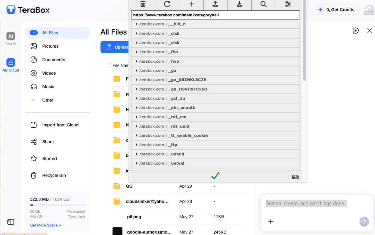 TeraBox My Cloud file list on terabox.com with the cookie-editor extension popup open, listing the site's cookies below a toolbar with the export icon; the storage meter shows 322.8 MB used of 1024 GB, split into 30 GB permanent and 994 GB time-limited space
