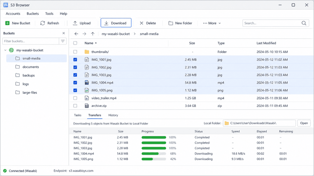 Download files from a Wasabi bucket with an S3-compatible client