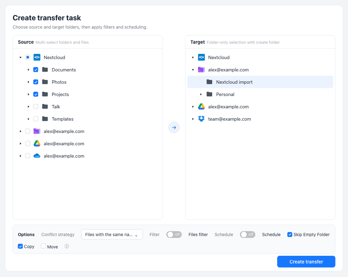 CloudsLinker Create transfer task page with a Nextcloud connection as the source — Documents, Photos and Projects checked, Talk and Templates unchecked — and a Nextcloud import folder selected in a Proton Drive account as the target; Copy and Skip Empty Folder are checked