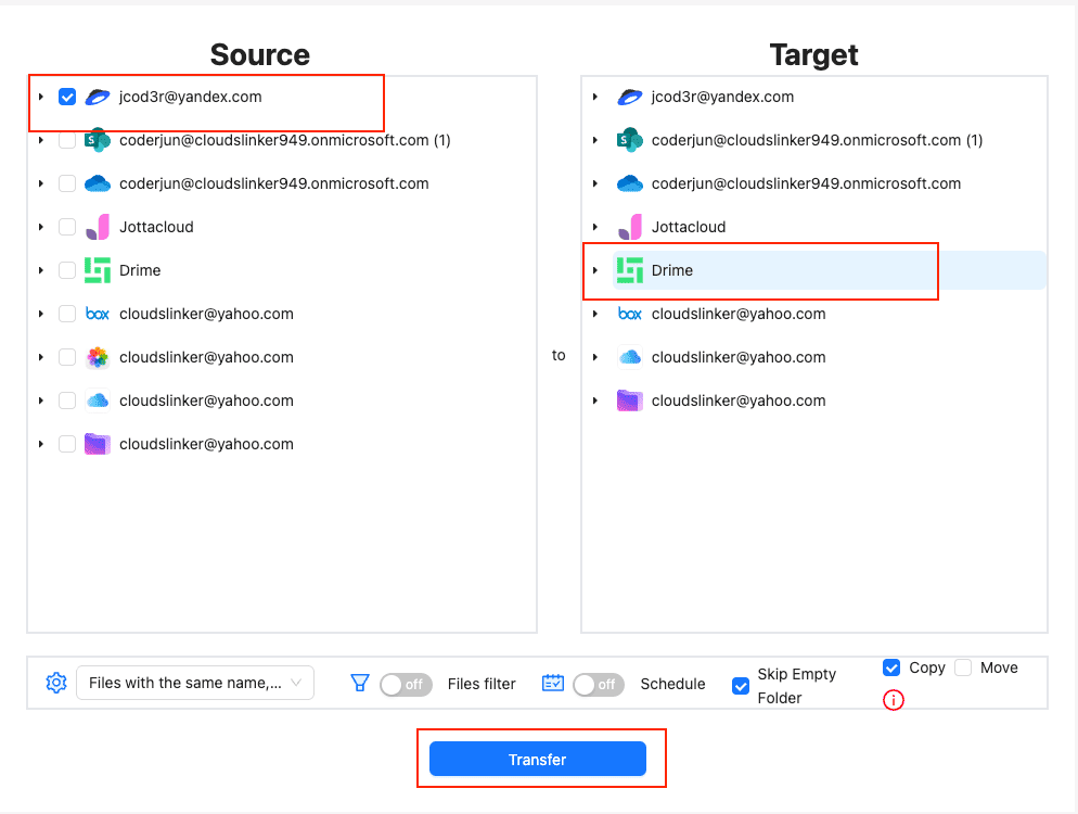 Configure Yandex Disk to Drime transfer in CloudsLinker