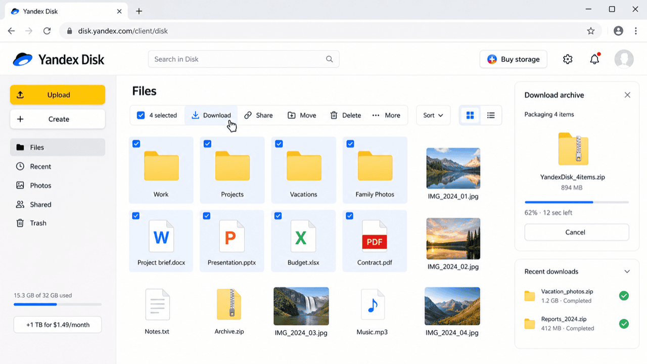 Download files from Yandex Disk web interface
