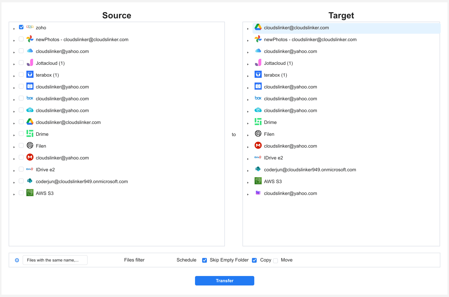 CloudsLinker transfer setup with the Zoho WorkDrive connection selected as source and Google Drive as target in copy mode