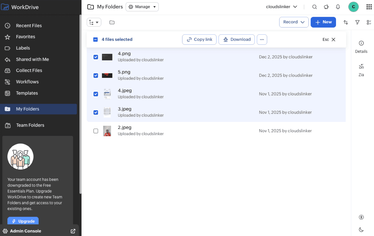 Zoho WorkDrive My Folders view with four files selected via checkboxes and the selection toolbar showing Copy link and Download options, with My Folders and Team Folders sections visible in the left sidebar