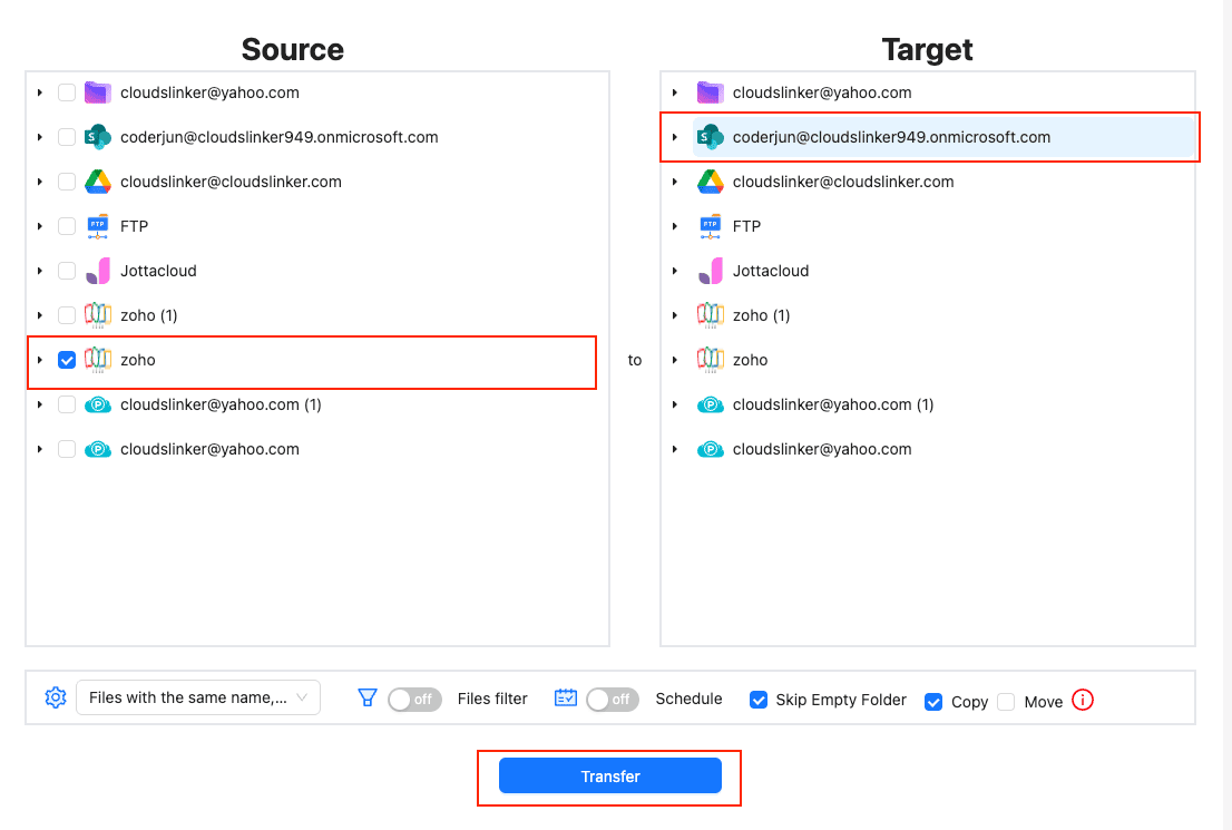 Select Zoho WorkDrive as source and SharePoint as destination
