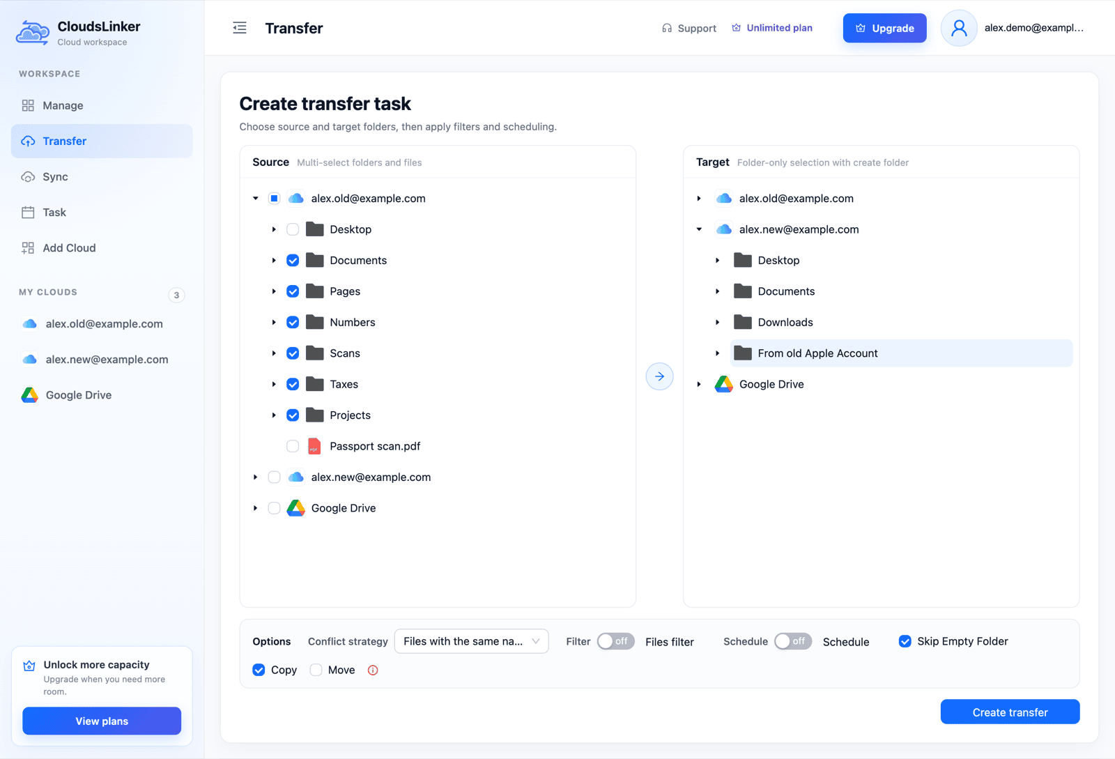 CloudsLinker Create transfer task page with two iCloud Drive connections: alex.old@example.com as the source with Documents, Pages, Numbers, Scans, Taxes and Projects ticked, and a new From old Apple Account folder selected in alex.new@example.com as the target, with Copy checked