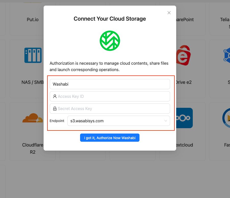 Add Wasabi credentials in CloudsLinker