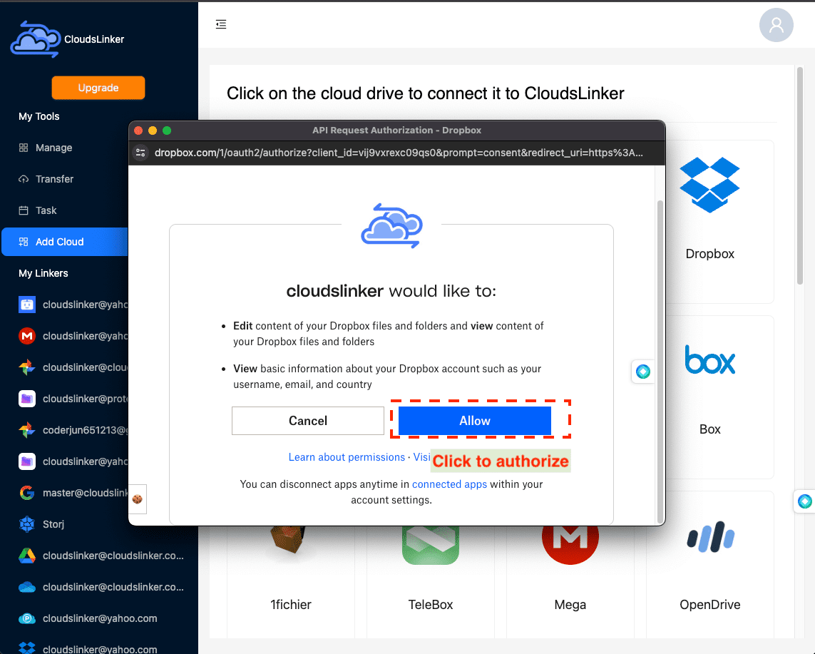 Linking Dropbox with CloudsLinker
