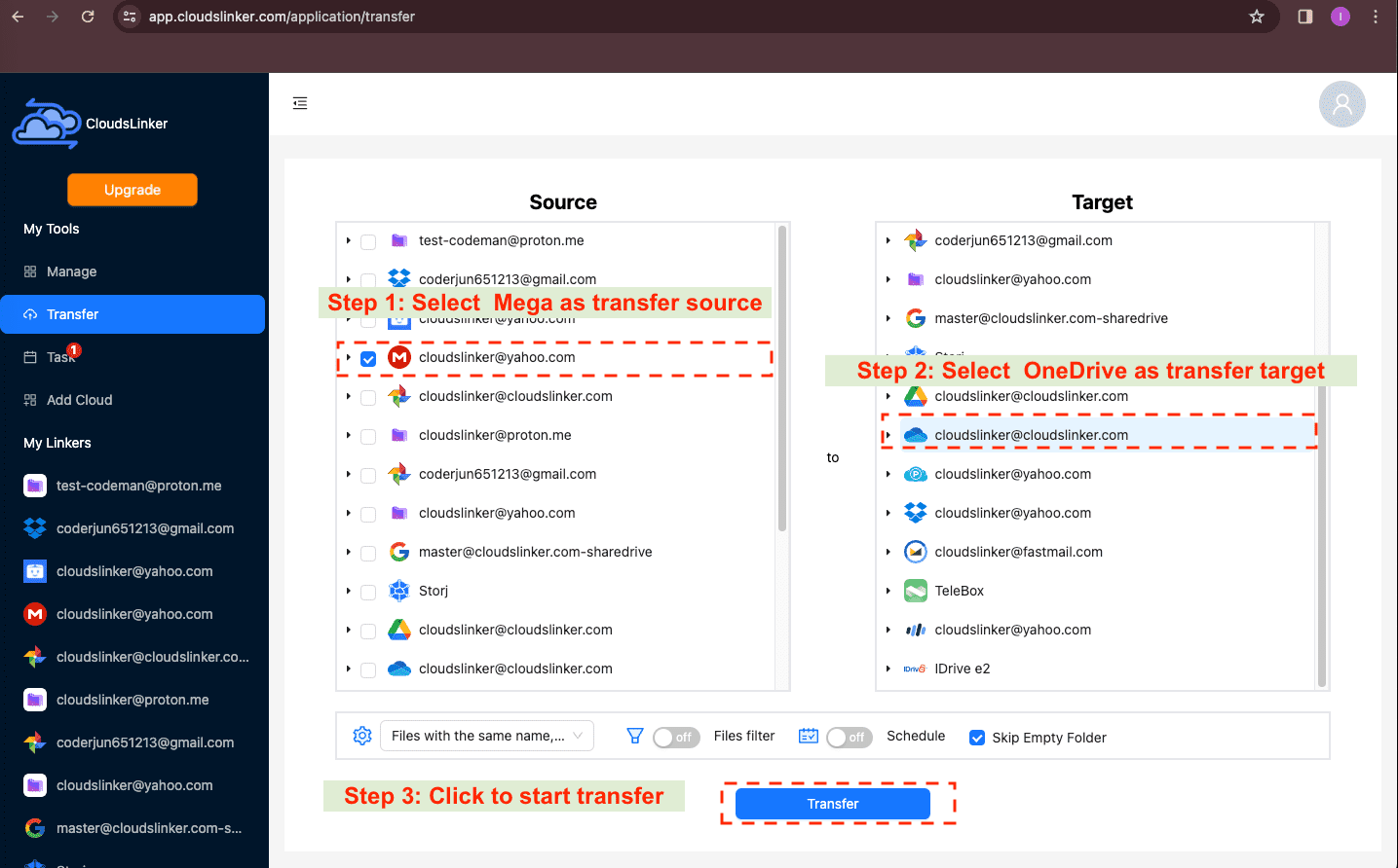 Setting up file transfer from OneDrive to Mega