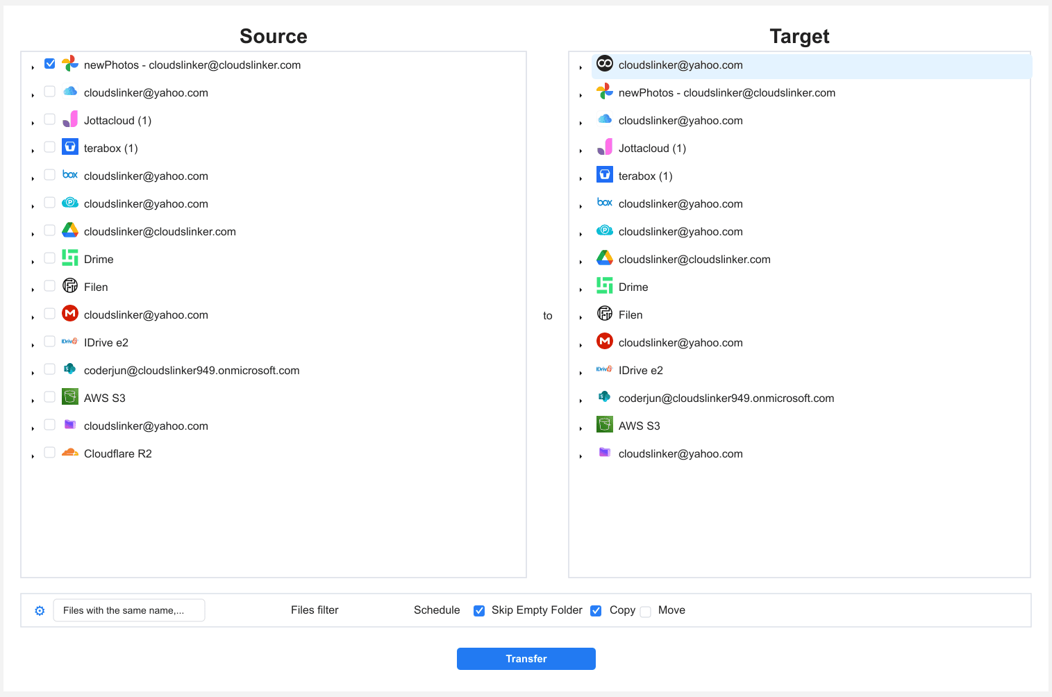 CloudsLinker transfer setup with Google Photos albums listed as source, a Degoo archive folder as destination, and a date range filter set to include photos taken before 2024