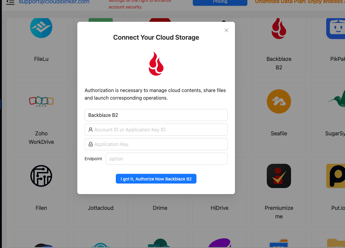 Connect Backblaze B2 using S3 credentials in CloudsLinker