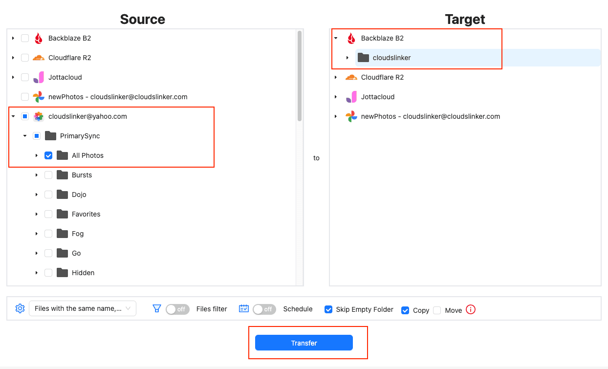 Transfer configuration from iCloud Photos to Backblaze B2 in CloudsLinker