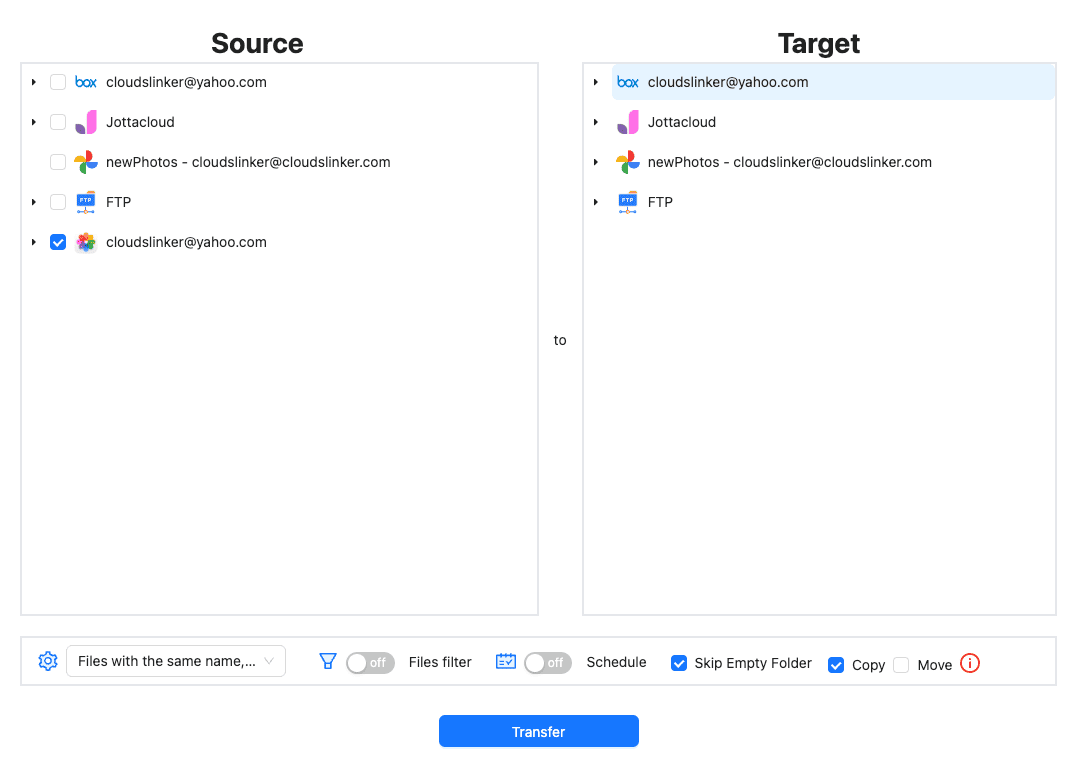 Transfer configuration from iCloud Photos to Box in CloudsLinker