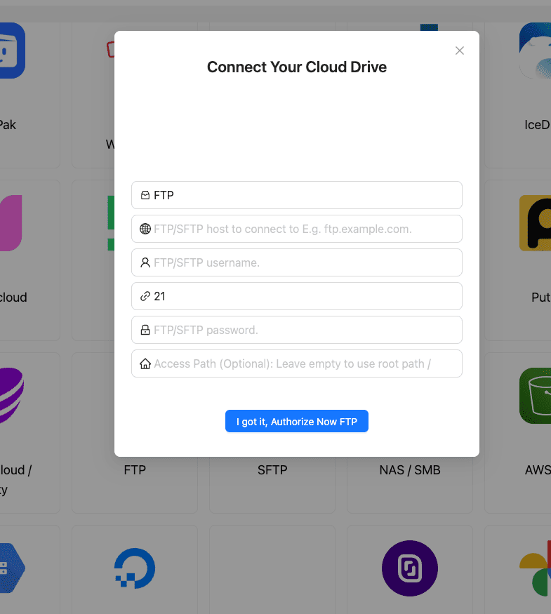 Add FTP/SFTP server credentials in CloudsLinker