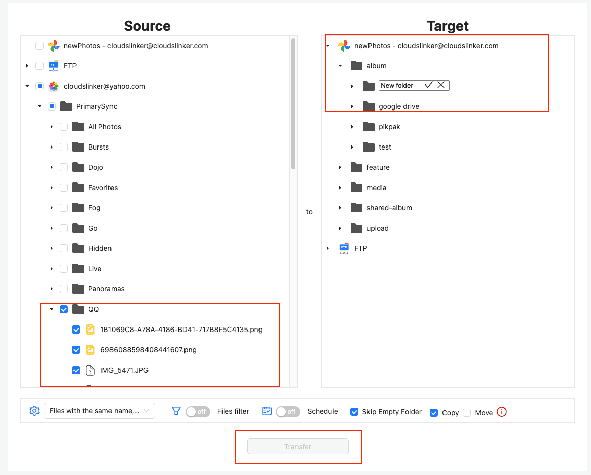 Transfer configuration from iCloud Photos to Google Photos in CloudsLinker