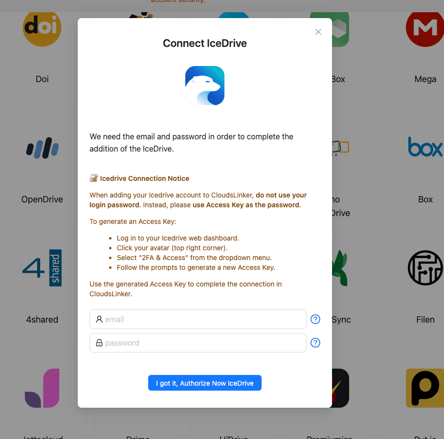 Connect Icedrive using WebDAV credentials in CloudsLinker