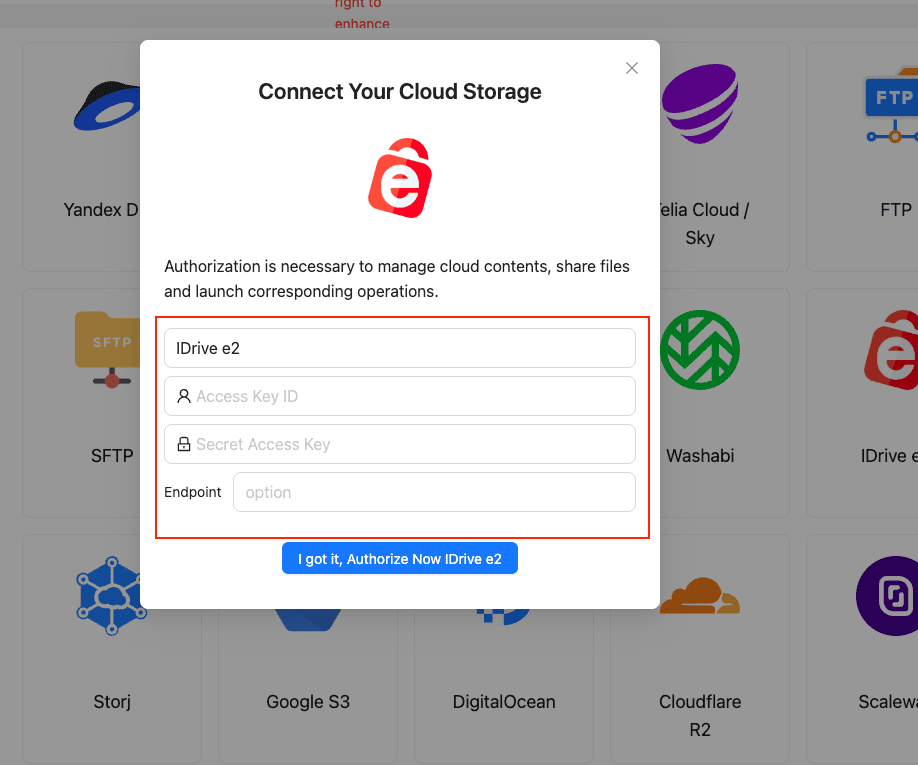 Connect IDrive E2 in CloudsLinker using Access Key and Secret