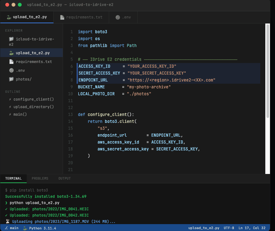 IDrive E2 Python SDK upload script configuration