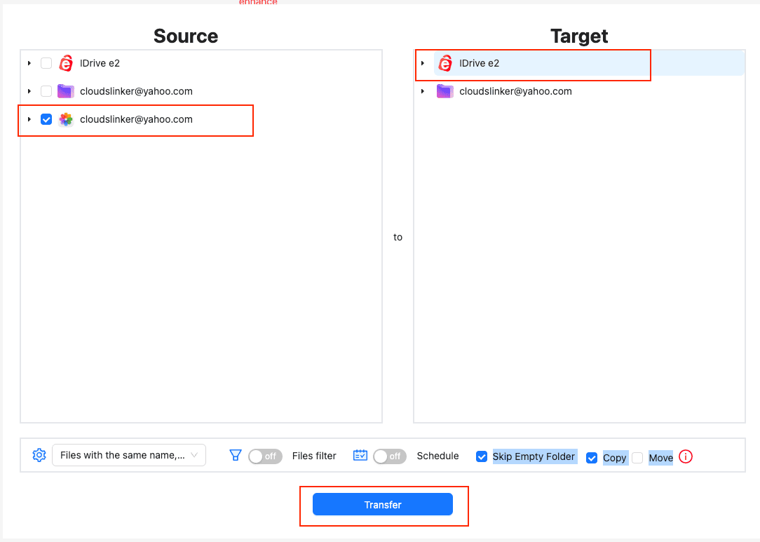 Transfer configuration from iCloud Photos to IDrive E2 in CloudsLinker