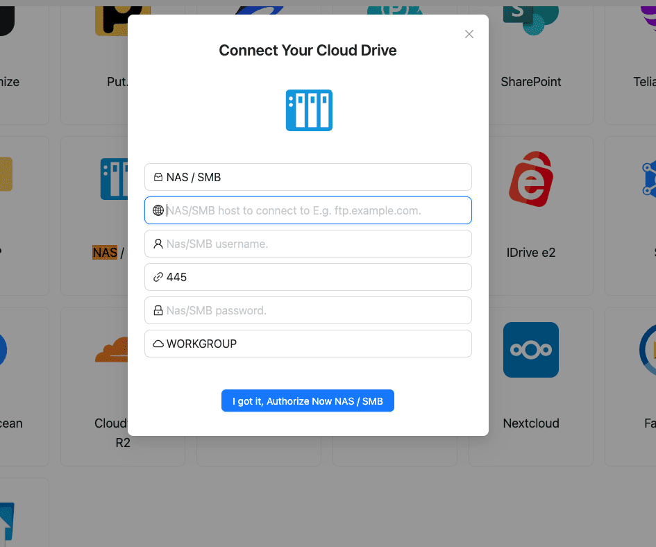 Connect NAS using FTP SFTP or WebDAV credentials in CloudsLinker