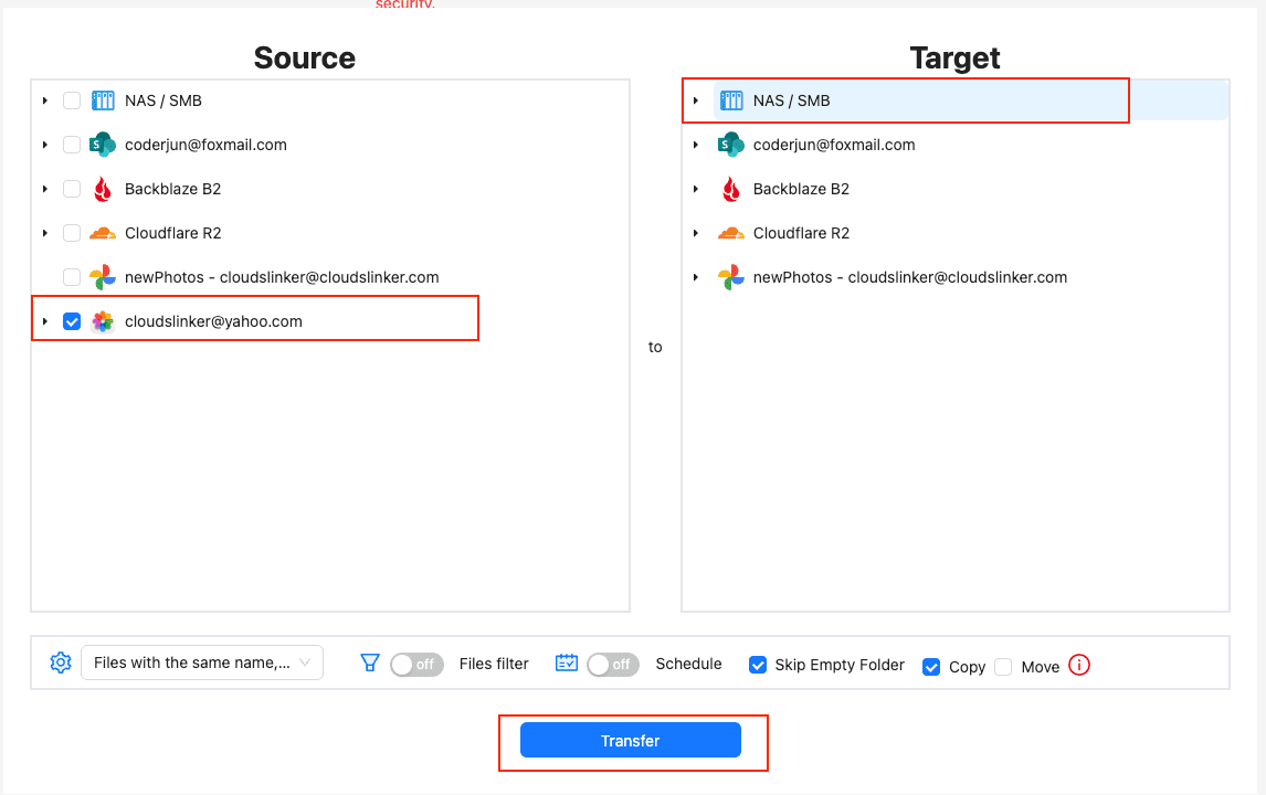 Transfer configuration from iCloud Photos to NAS in CloudsLinker
