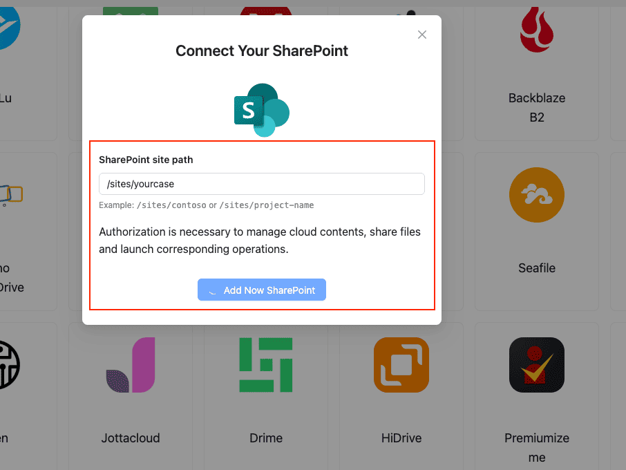Connect SharePoint via OAuth in CloudsLinker and select site and document library