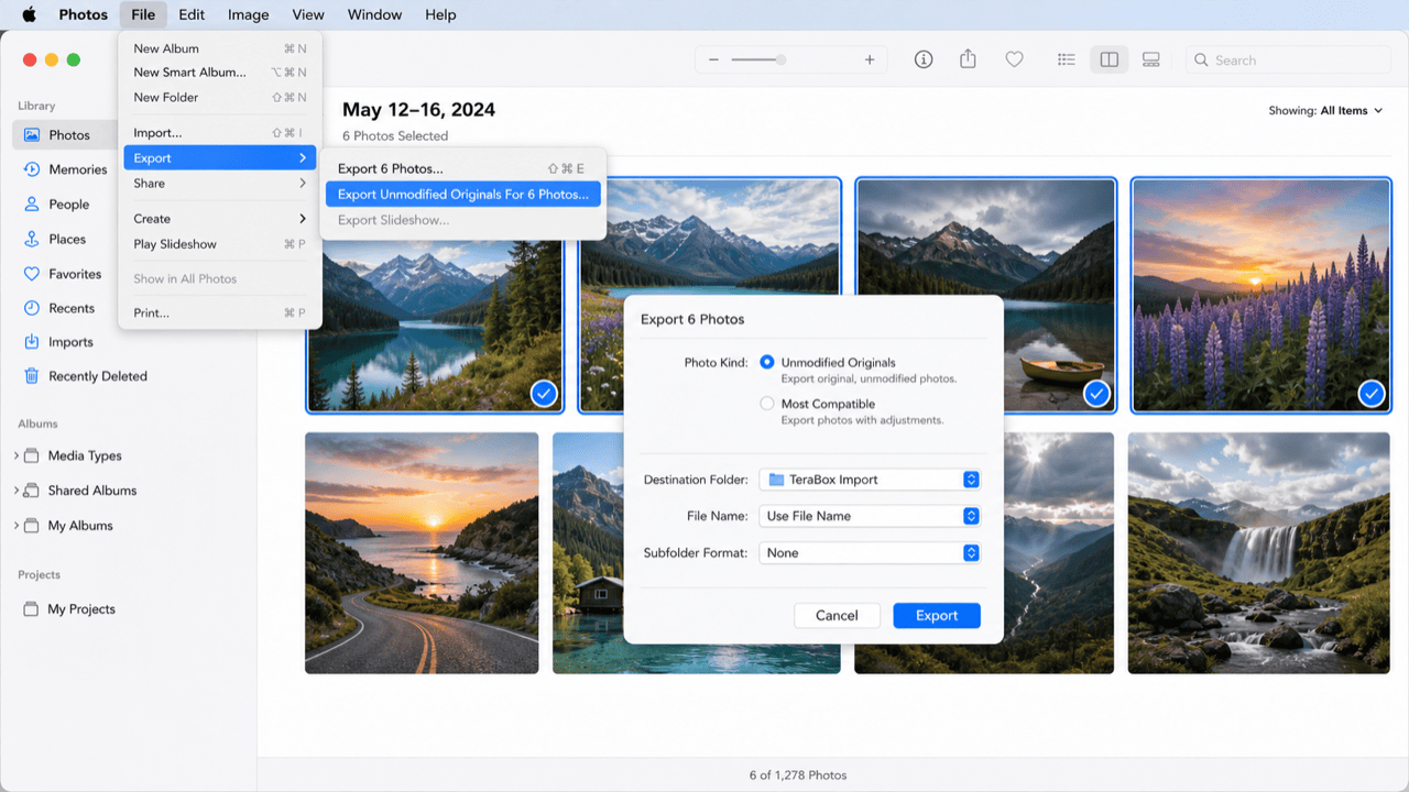 Export unmodified originals from the macOS Photos app