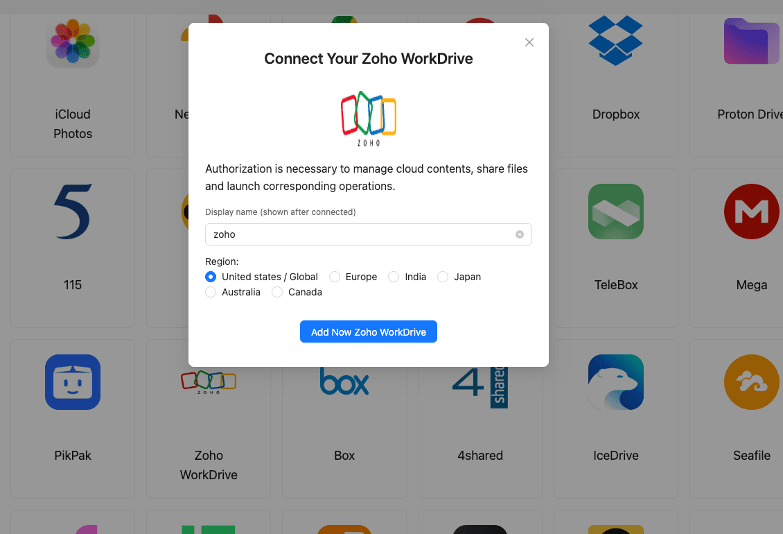 Connect Zoho WorkDrive using OAuth in CloudsLinker