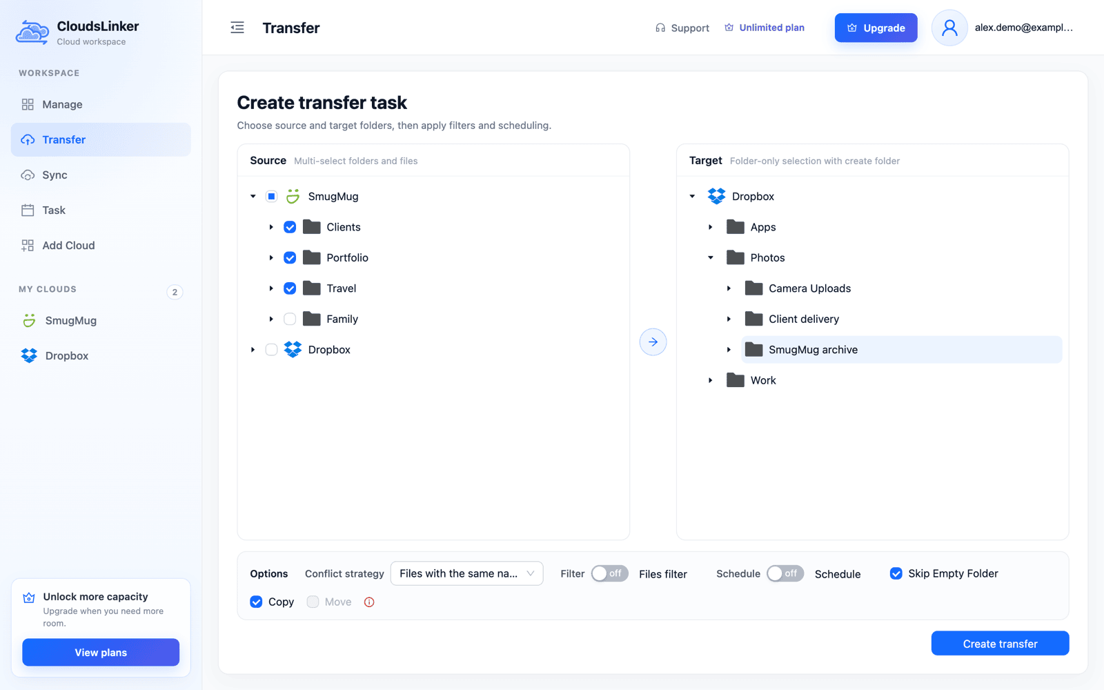 CloudsLinker Create transfer task page with the SmugMug folders Clients, Portfolio and Travel ticked as the source, the new folder Photos / SmugMug archive selected in Dropbox as the target, Copy checked and Move greyed out