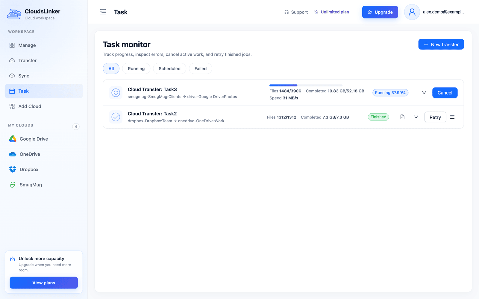 CloudsLinker Task monitor with a running copy from SmugMug Clients to Google Drive Photos at 38 percent, 1484 of 3906 files and 19.83 GB of 52.18 GB done at 31 MB/s