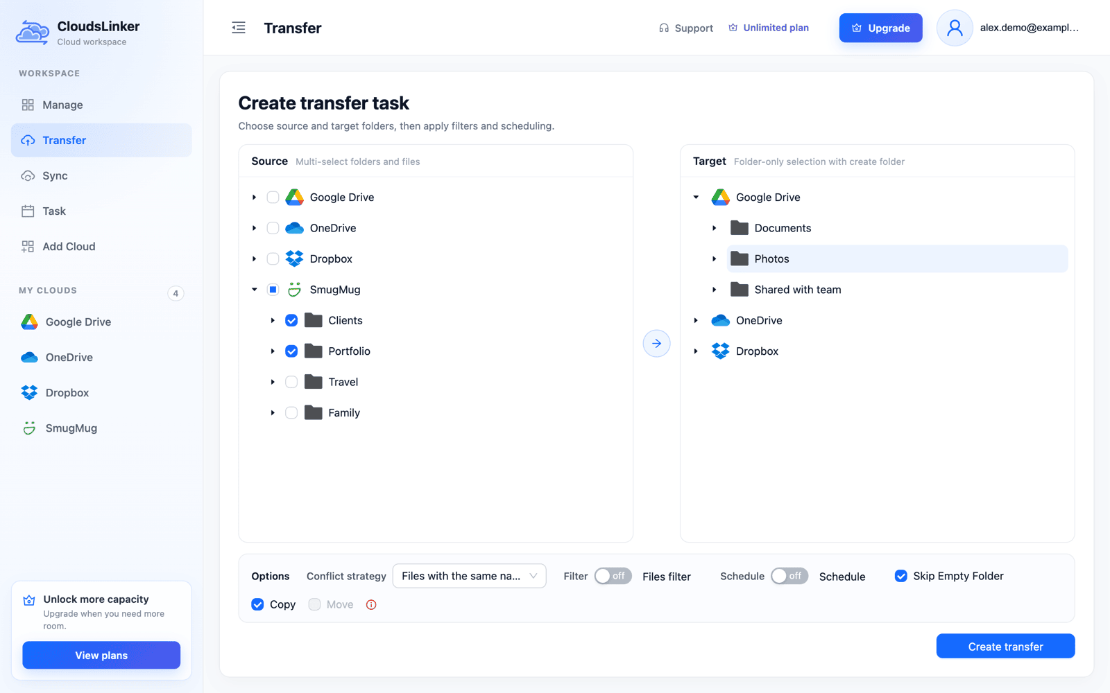 CloudsLinker Create transfer task page with the SmugMug folders Clients and Portfolio ticked as the source, the Photos folder of Google Drive selected as the target, Copy checked and Move greyed out