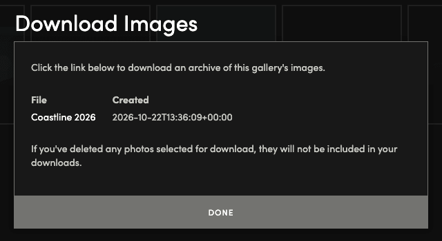 SmugMug Download Images dialog listing the archive file Coastline 2026 with its creation time and the note that photos deleted after selection are not included, with a Done button