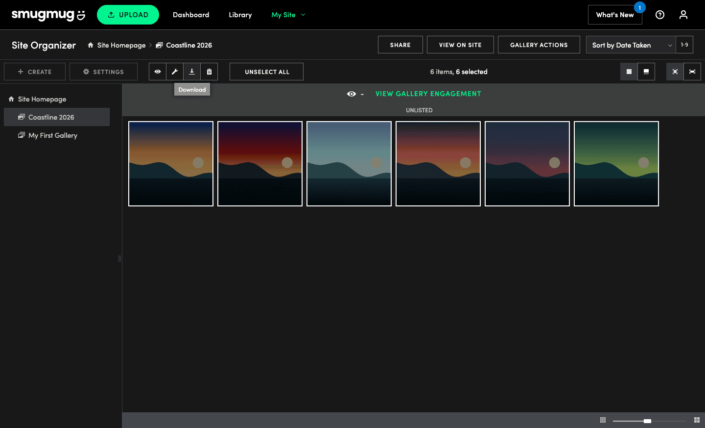 SmugMug Site Organizer with the gallery Coastline 2026 open, all six photos selected after Select All (6 items, 6 selected) and the pointer on the toolbar's Download icon