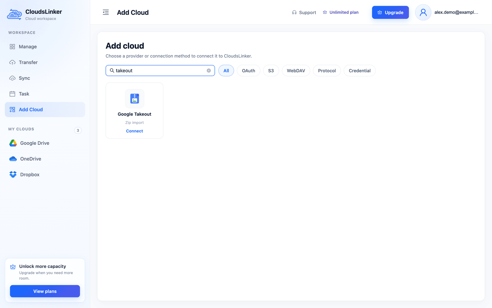CloudsLinker Add cloud page filtered by the word takeout, showing a single Google Takeout card labelled Zip import with a Connect link