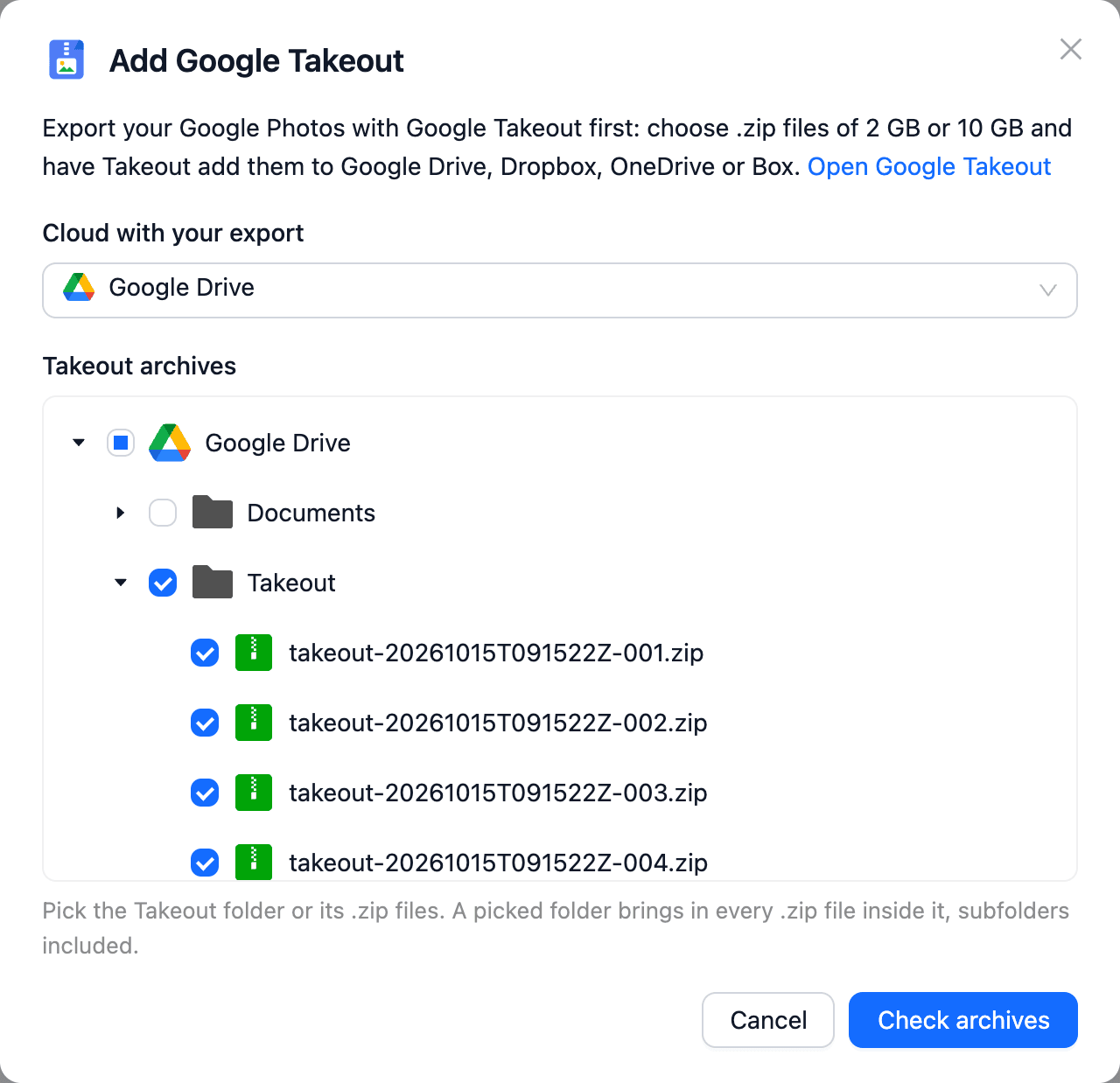 CloudsLinker Add Google Takeout dialog: Cloud with your export set to Google Drive, and in the Takeout archives tree the Takeout folder ticked with its takeout-20261015T091522Z-001 to 004 zip files checked, above the Cancel and Check archives buttons