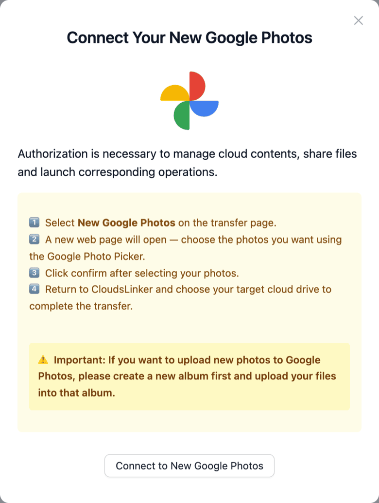 CloudsLinker Connect Your New Google Photos dialog with the four Photo Picker steps and the notice to create an album before uploading to Google Photos